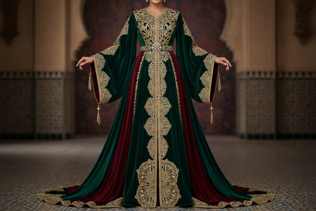 Hunter Green Burgundy Velvet Prom Dress | Moroccan Gold Lace Kaftan