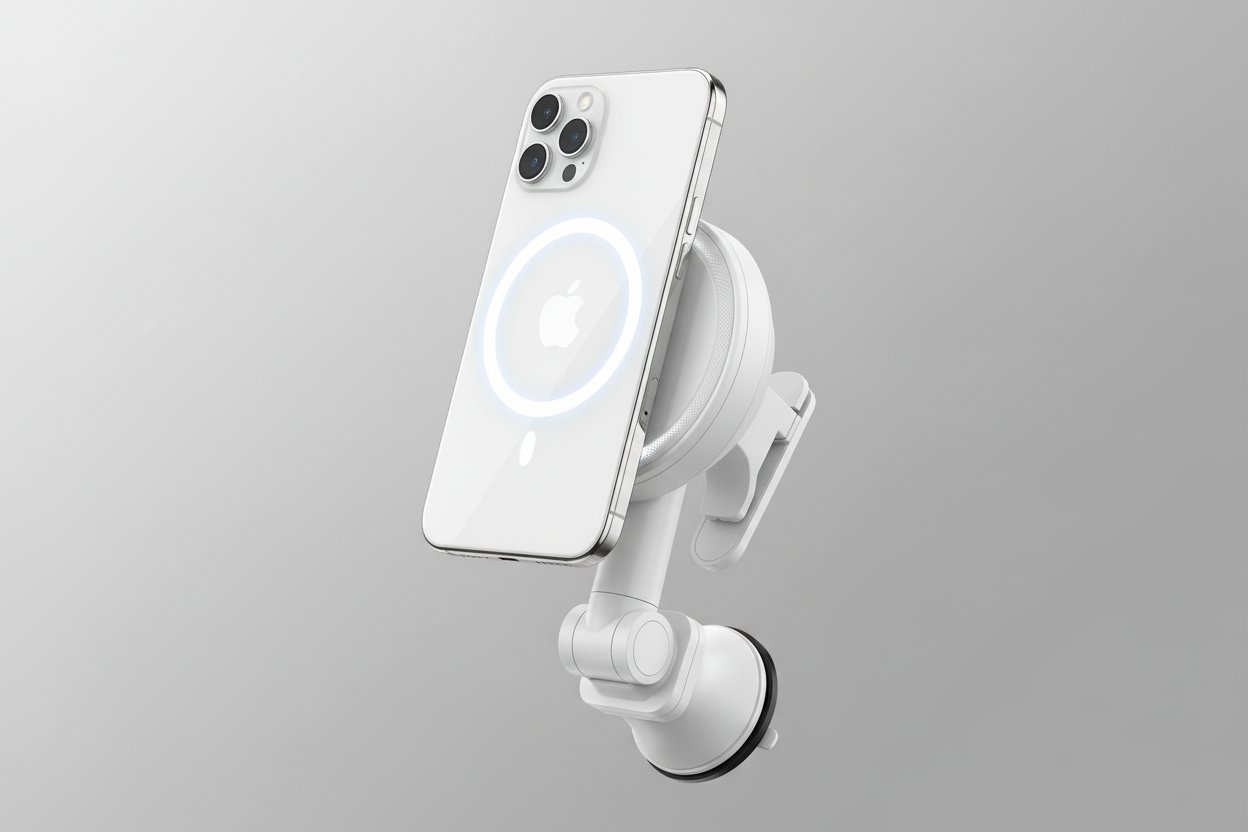 iPhone 15/14/13 Magnetic Car Wireless Charger & Phone Holder - No Cable - White