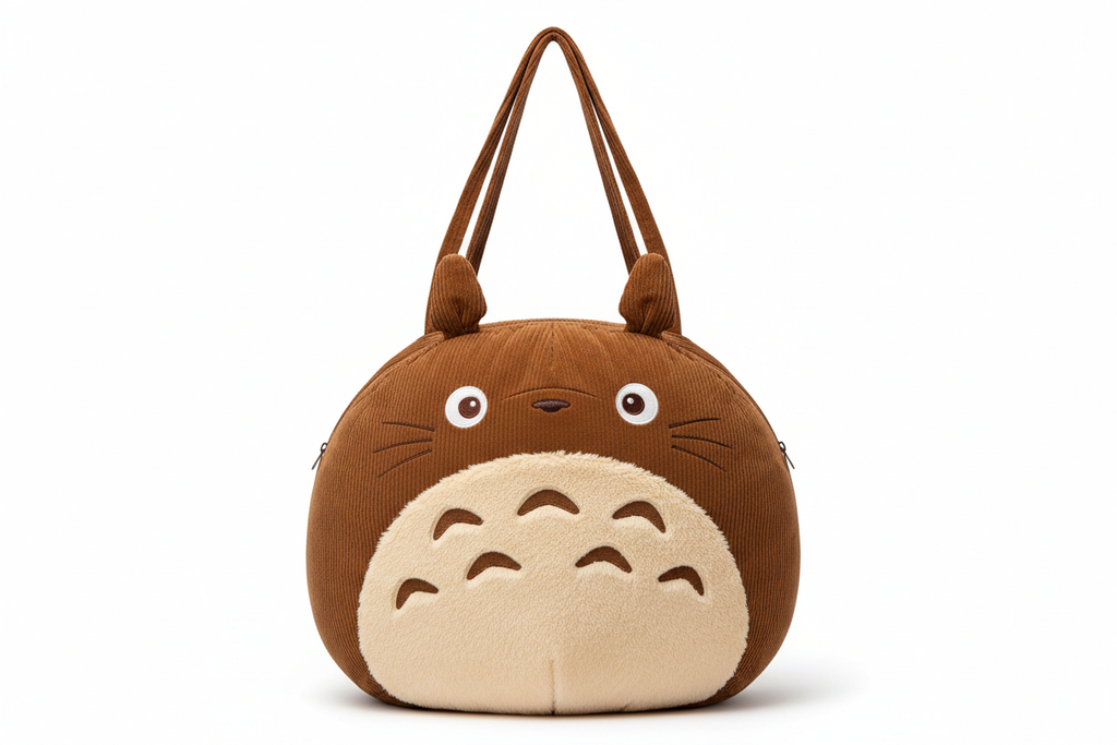Kawaii Totoro Corduroy Tote Bag – Large Plush Shoulder Bag - Brown