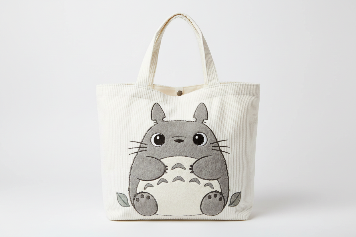 Kawaii Totoro Corduroy Tote Bag – Large Plush Shoulder Bag - White