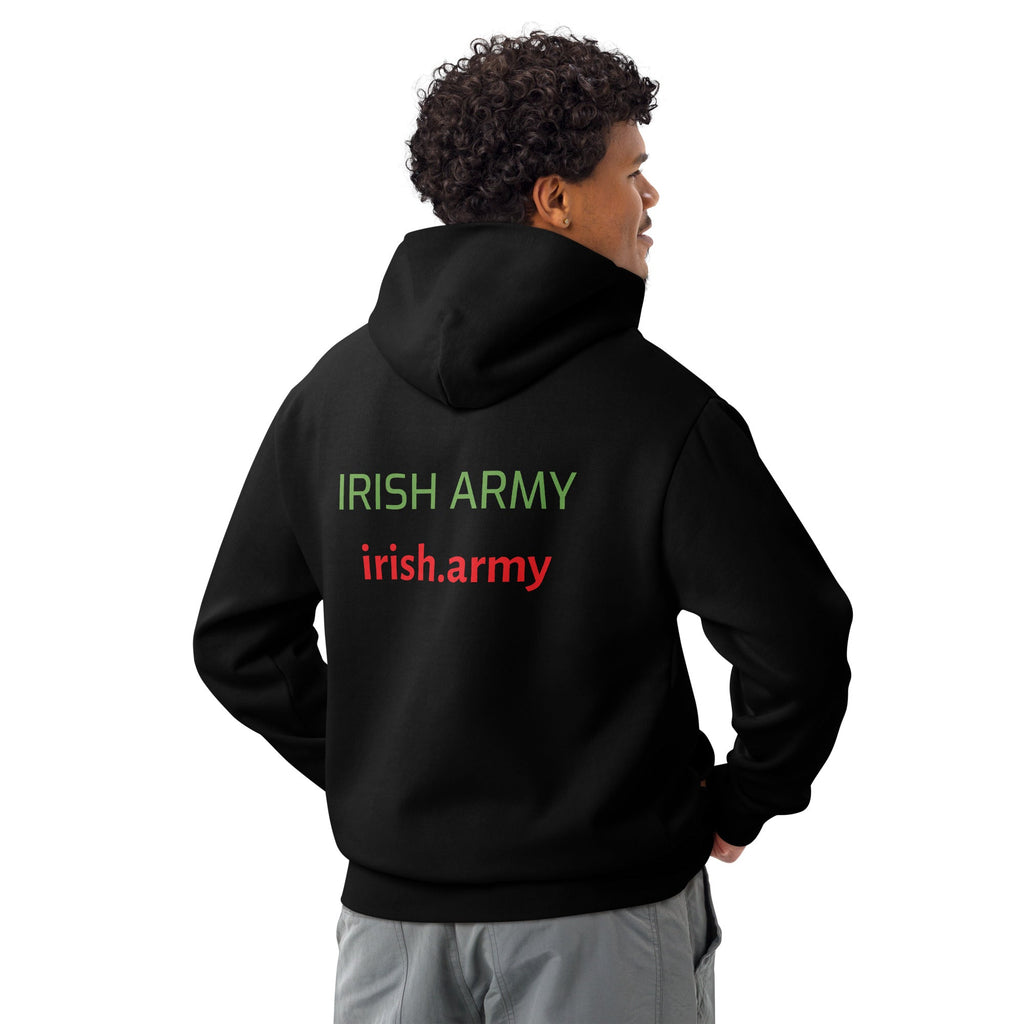 Person wearing a black hoodie with 'Irish Army' text on the back, on a white background