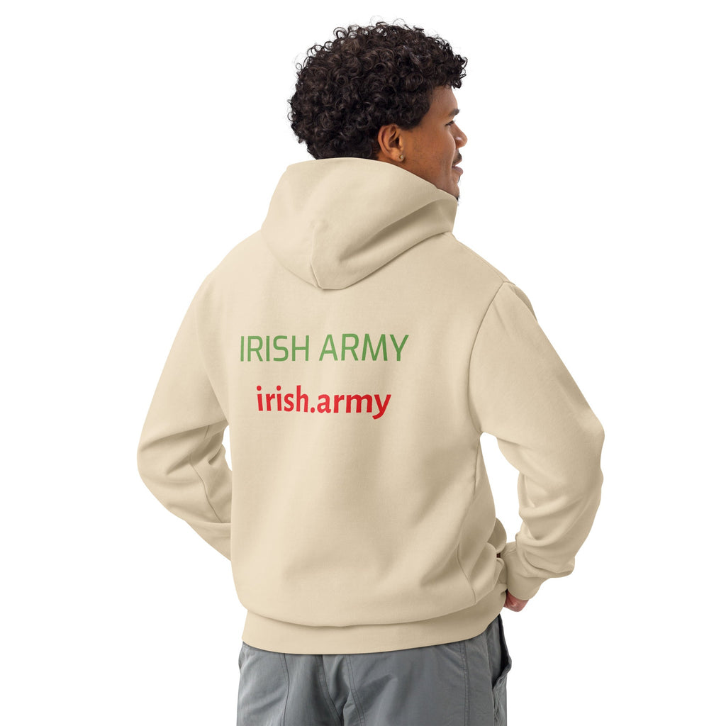 Person wearing a beige hoodie with 'Irish Army' text on the back, on a white background