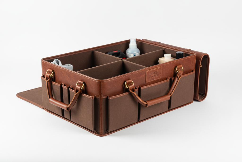 Leather Car Trunk Organizer Box – Large Capacity Folding Storage Bag - large brown