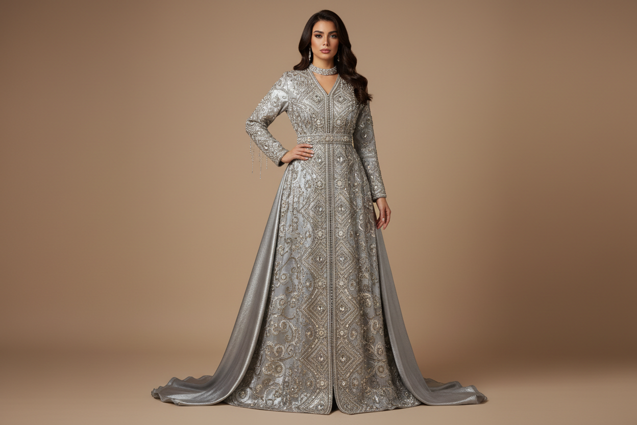 Luxurious Middle Eastern Evening Dress with Long Sleeve Placket - silver