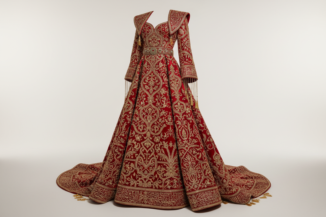 Luxury Red Moroccan Turkish Evening Dress with Gold Appliques - Red