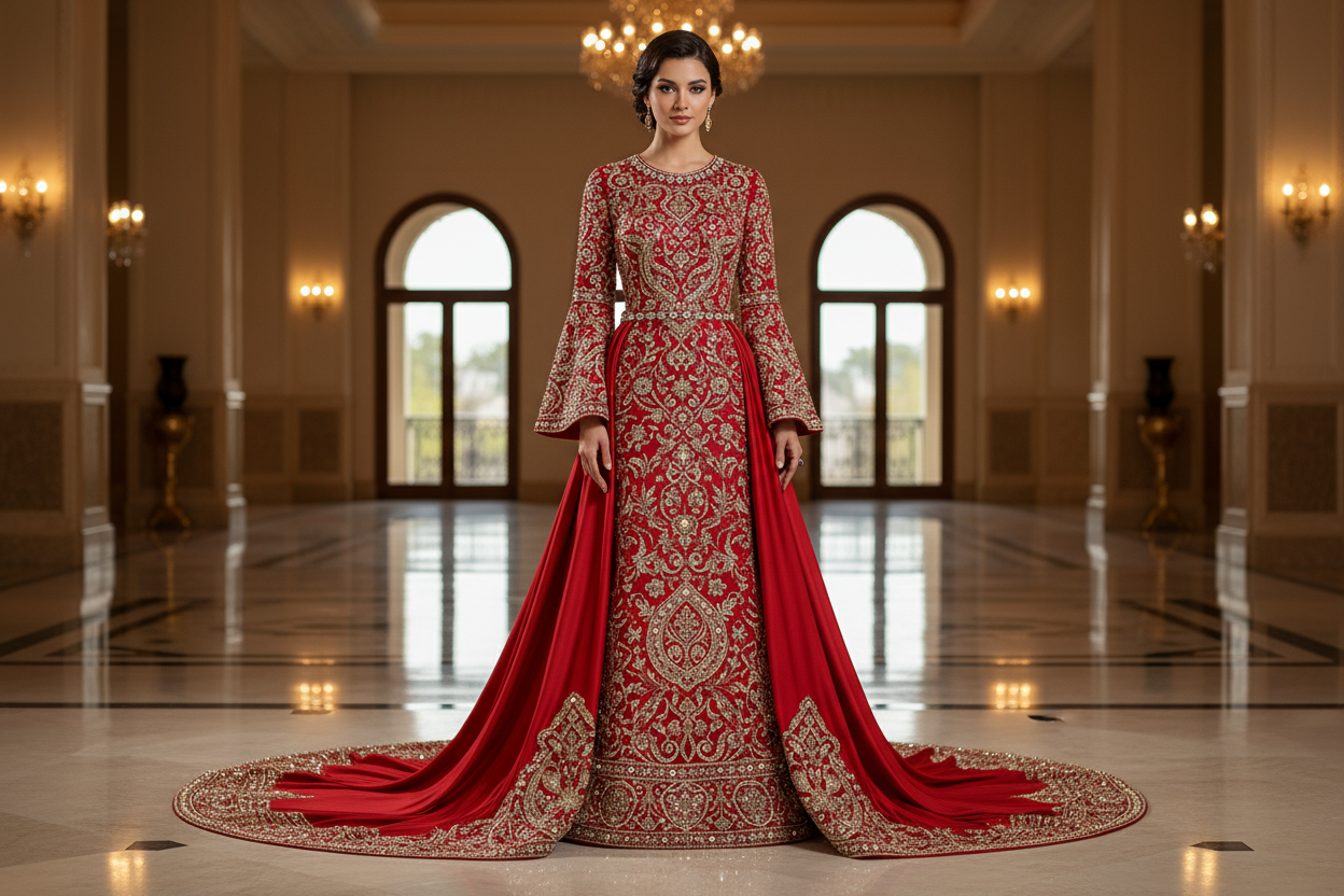 Red Middle Eastern Evening Gown | Elegant Embroidered Arabian Dress
