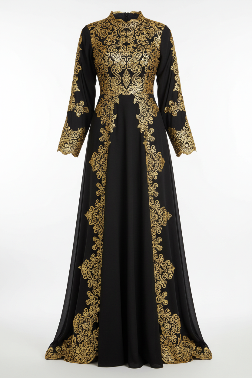 Red Modest Evening Dress – Gold Lace A-Line Long Sleeve Kaftan in black colour