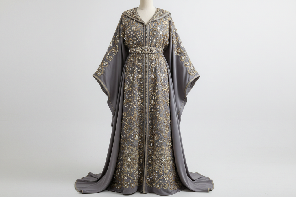 Royal Blue Moroccan Caftan Formal Evening Dresses Long Sleeves Appliques - grey