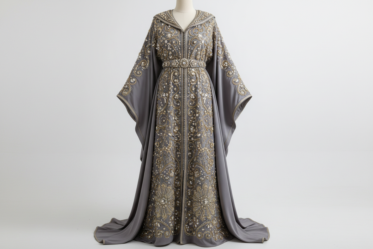 Royal Blue Moroccan Caftan Formal Evening Dresses Long Sleeves Appliques - grey