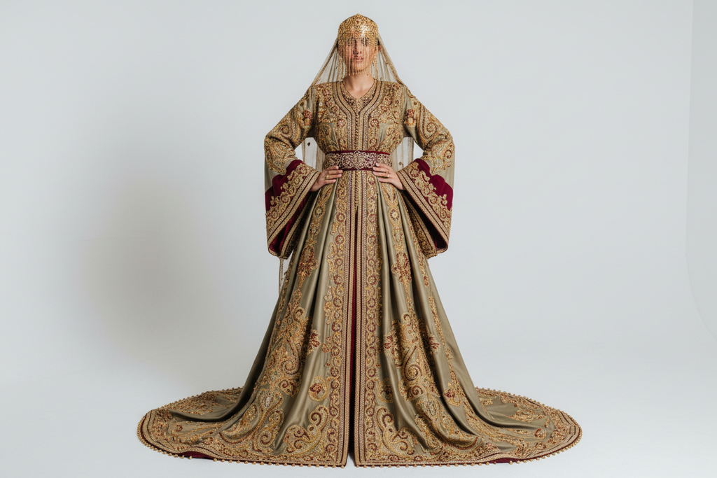 Traditional Burgundy Morrocan Wedding Dress With Gold Appliques - khaki