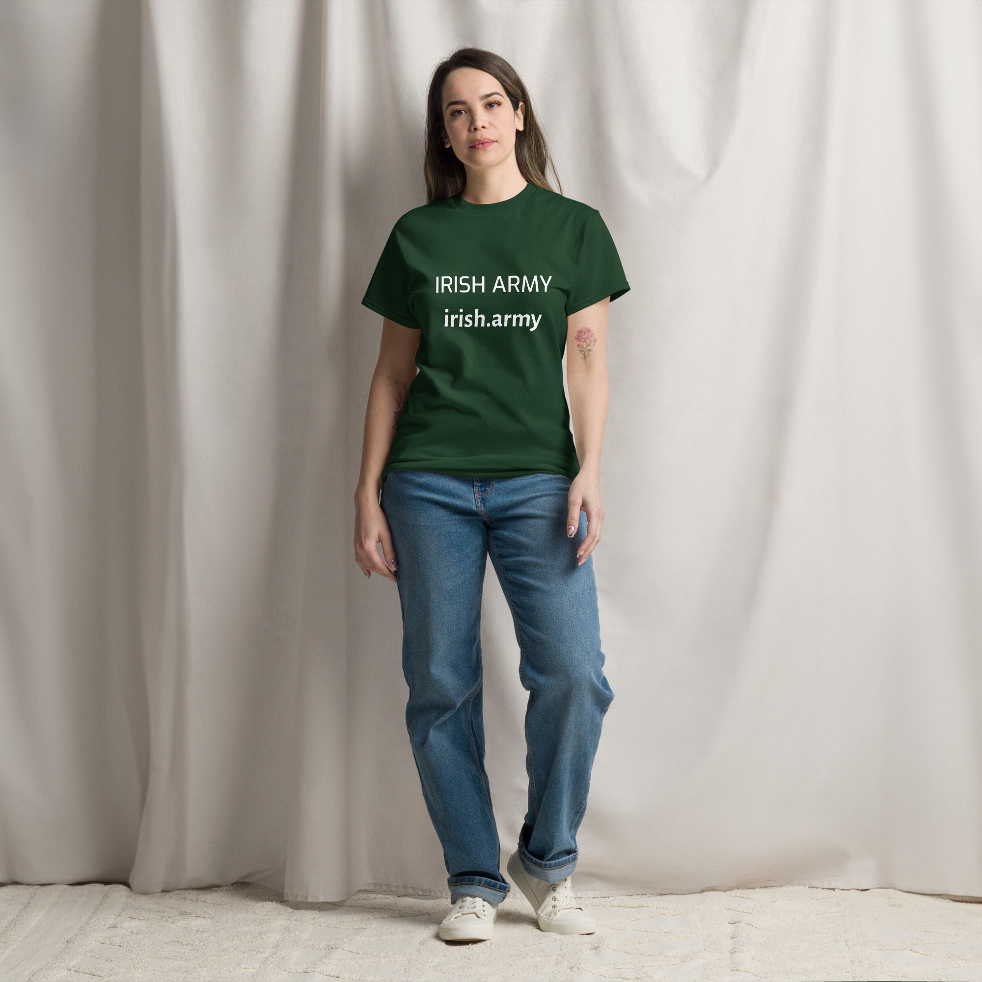 Person wearing a green t-shirt with 'IRISH ARMY' text against a plain background