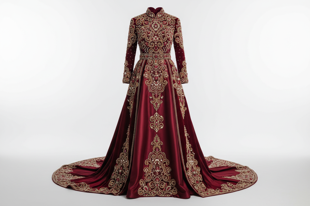 Vintage Muslim Burgundy Wedding Dress – Beaded Velvet Satin Gown - Burgundy