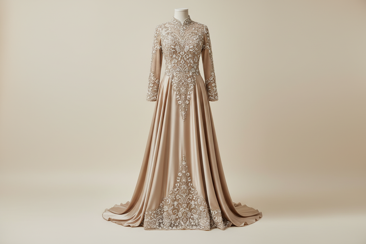 Vintage Muslim Champagne  Wedding Dress - Beaded Velvet Satin - champaign