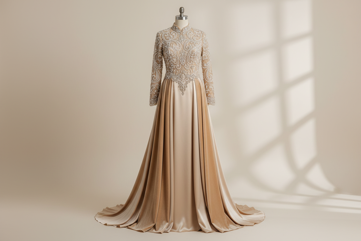 Vintage Muslim Champagne  Wedding Dress - Beaded Velvet Satin