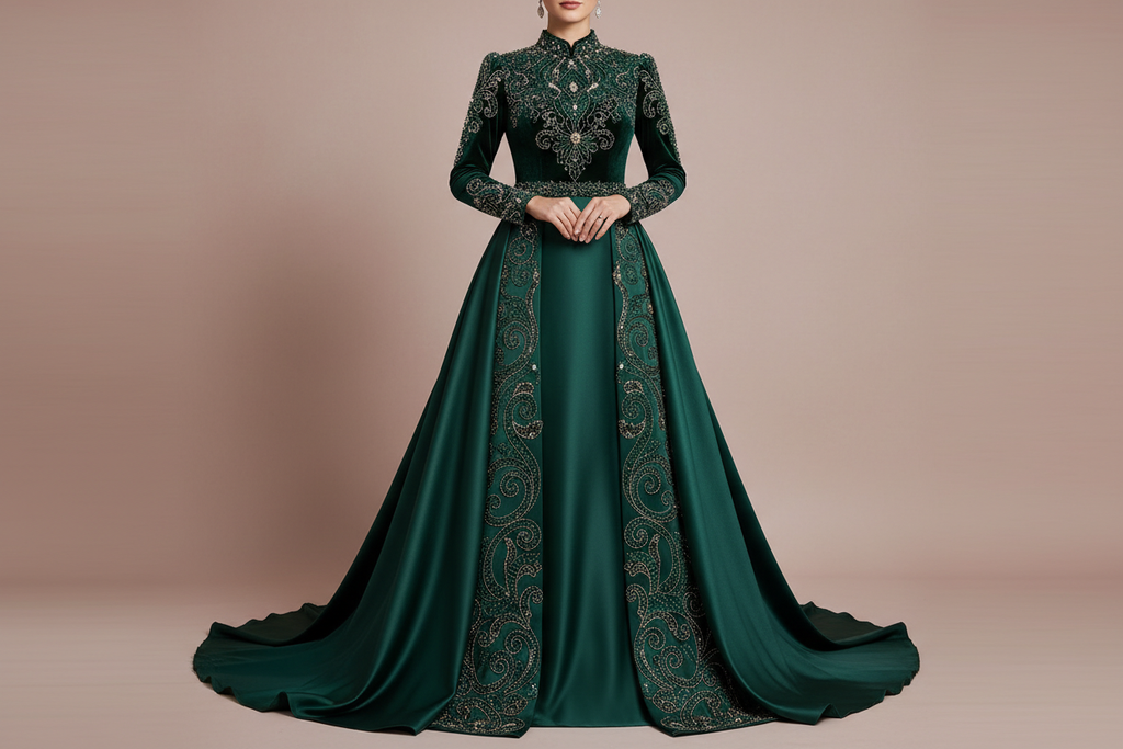 Vintage Muslim Green Wedding Dress – Beaded Velvet Satin Gown